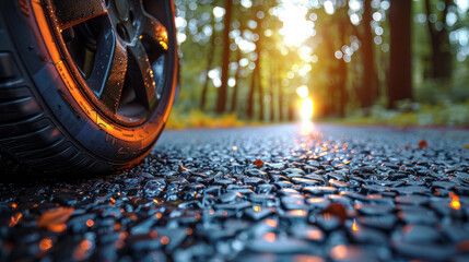 Summer tires glisten on the sunlit asphalt road, signaling the switch to summer tire usage.