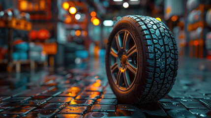 A tire is displayed against the backdrop of a repairing service garage, setting the scene for automotive maintenance and repair.