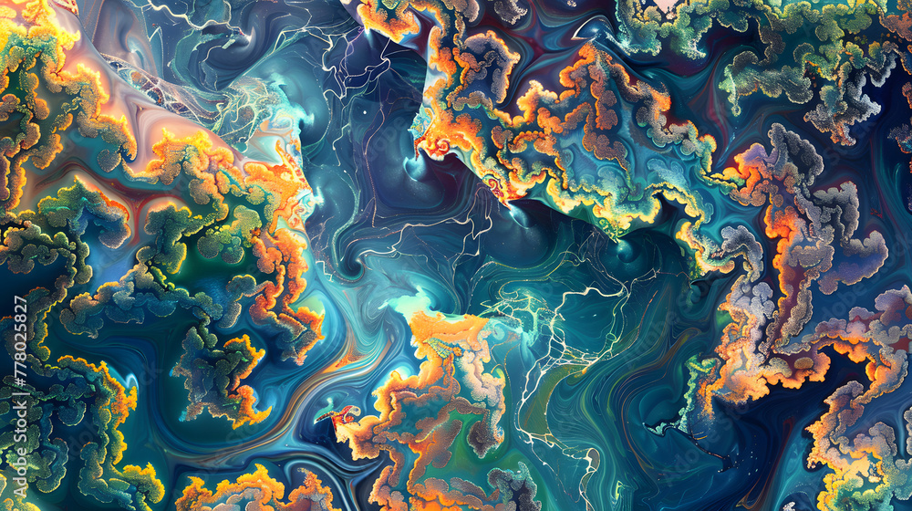 Poster a highly detailed fractal render of a vividly colorful river delta branching outwards in an intricat