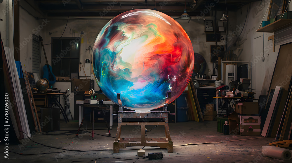 Poster a large colorful translucent sphere sitting on an easel in the middle of a dark studio