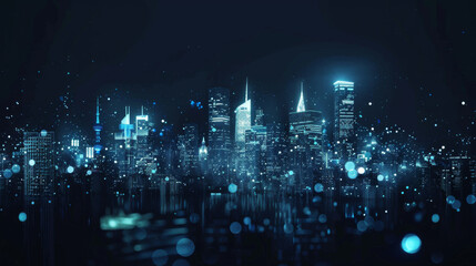 Digital cityscape with skyscrapers made of glowing blue and white dots, representing the power and appeal of AI in urban design.  - obrazy, fototapety, plakaty
