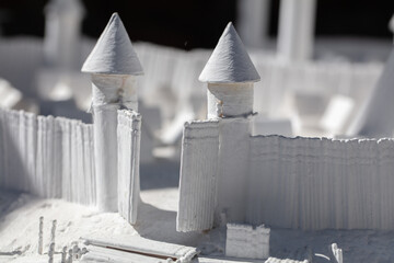 White model of an ancient medieval city. Architectural project.