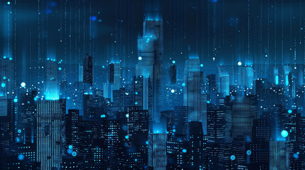 Digital cityscape with skyscrapers made of glowing blue dots, representing the modern and innovative nature of digital marketing in urban settings. 