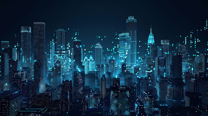 Digital cityscape with skyscrapers made of glowing blue dots, representing the modern and innovative nature of digital marketing in urban settings. 