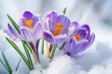 Purple and orange crocuses bloom from under the snow