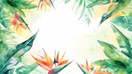 Bird of paradise and monstera wreath in a teardrop frame, detailed watercolor, bright background, - obrazy, fototapety, plakaty