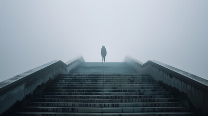 A person standing at the top of a long staircase - obrazy, fototapety, plakaty