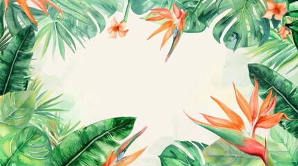 Fototapeta na wymiar Bird of paradise and monstera wreath in a teardrop frame, detailed watercolor, bright background,