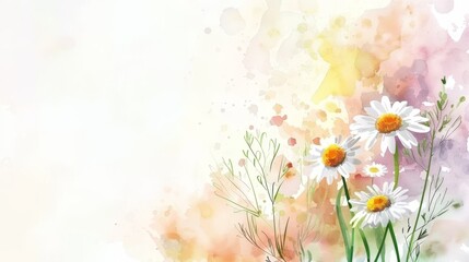 Cheerful watercolor daisy and buttercup bouquet, minimalist bright background,