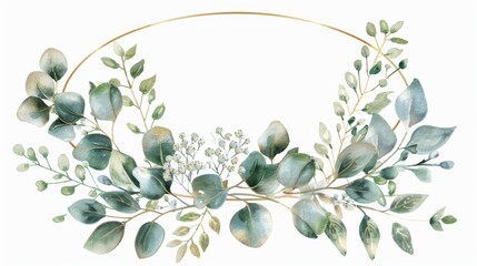 Chic watercolor wreath of eucalyptus and baby's breath in a thin oval gold frame, - obrazy, fototapety, plakaty