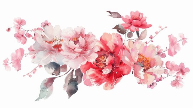 Charming watercolor bouquet of peonies and cherry blossom, simple bright background,