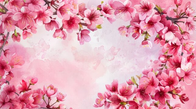 Cherry blossom wreath in a heart-shaped frame, watercolor, bright background,