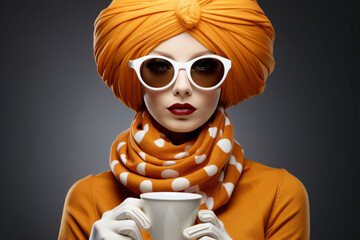 Stylish Woman in Orange Turban and Scarf Holding a Coffee Cup