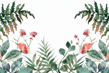 Elegant watercolor ferns and flowers for top border designs, - obrazy, fototapety, plakaty