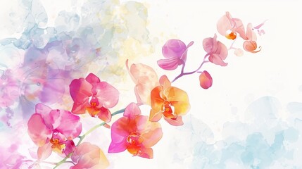 Fototapeta na wymiar Elegant watercolor orchids with a simplistic bright background, greeting card design,