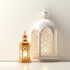 Obraz premium Eid mubarak and ramadan kareem greetings with islamic lantern and mosque. Eid al fitr background