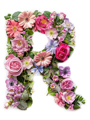 Flower font alphabet R made of colorful floral letter on white background