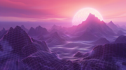 A purple wireframe mesh with mountains in the background