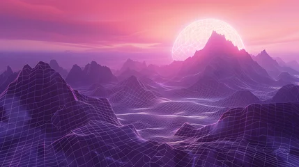 Papier peint Tailler A purple wireframe mesh with mountains in the background