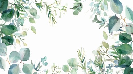 Eucalyptus and rosemary wreath in an octagon frame, watercolor, bright background,