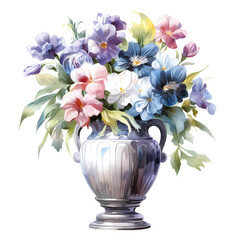 Watercolor painting of mixed flowers in a classical vase
