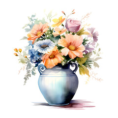Watercolor painting of a bouquet in a blue ceramic urn