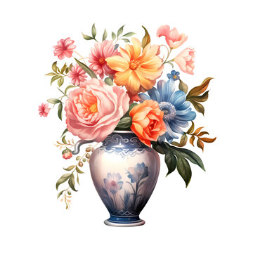 Watercolor painting of colorful flowers in a decorative vase