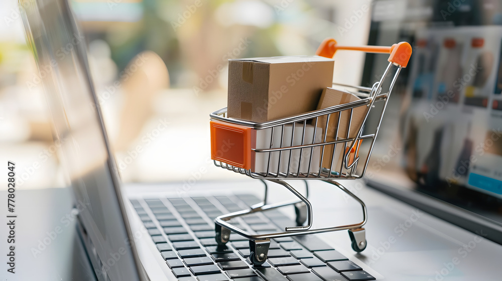 Poster a small shopping cart with boxes on top is placed next to an open laptop computer