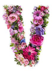 Flower font alphabet V made of colorful floral letter on white background