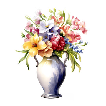 Watercolor painting of assorted vibrant flowers in a classic vase