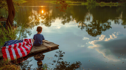 A serene moment captured as a boy sits on the edge of a dock by a tranquil lake,  - obrazy, fototapety, plakaty