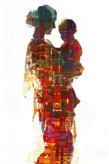An image of a mother carrying her child created using pixelated art design for Mother's day concept:Generative AI