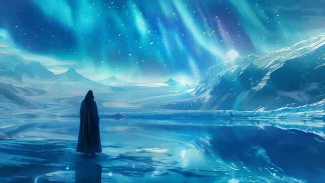 Mysterious aurora illuminates the sky as a figure in a black robe stands at the entrance of an ice cave, emanating an ethereal blue-white light from within, like a portal to another realm. 