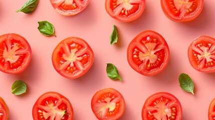 Sliced tomatoe with leafs pattern in pastel background