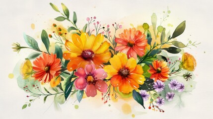 Lively watercolor bouquet of marigolds and asters, bright and simple background,