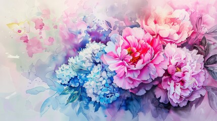 Lush watercolor bouquet of peonies and hydrangeas, bright minimalist background,