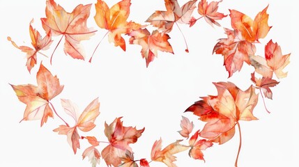 Luxe watercolor wreath of autumn maple leaves in a heart frame,
