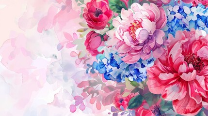 Lush watercolor bouquet of peonies and hydrangeas, bright minimalist background,