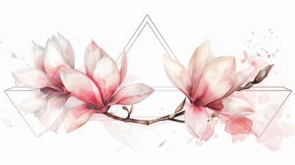 Magnolia wreath with a triangular frame, watercolor, bright simple background,