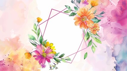 Marigold and cosmos wreath in a rhombus frame, simple watercolor, bright backdrop,