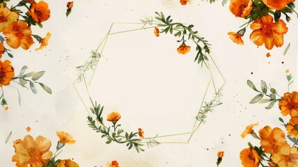 Marigold wreath within a pentagon frame, watercolor, simple bright background,
