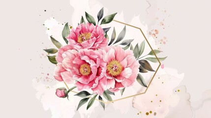 Peony wreath with a hexagonal frame, watercolor style, simple bright backdrop,