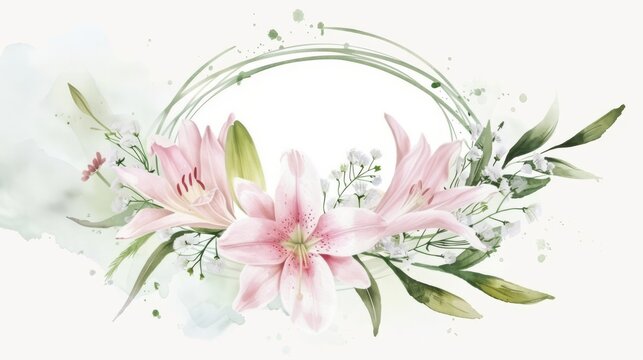 Lily and baby's breath wreath within an oval frame, simple watercolor, bright background,