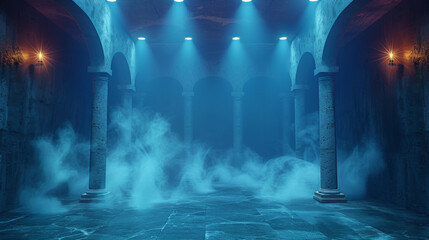 The dark stage shows, dark blue background, an empty dark scene, neon light, spotlights The asphalt floor and studio room with smoke float up the interior texture for display products.