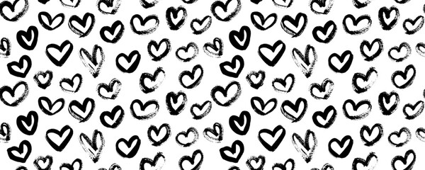 Abstract seamless  pattern hearts. Seamless pattern with hand drawn hearts. Hearts painted dry brush. Ink illustration. Ornament for wrapping paper.