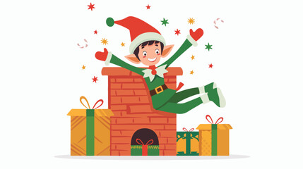 Christmas elf coming out of chimney with gift box chr