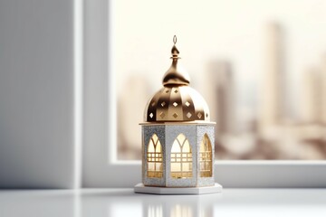 Obraz premium Eid mubarak and ramadan kareem greetings with islamic lantern and mosque. Eid al fitr background