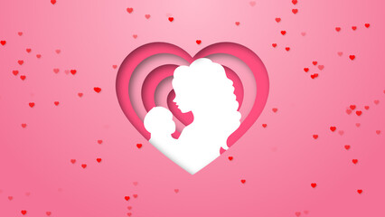 Mom Baby silhouette in layered heart with Heart shape Particles