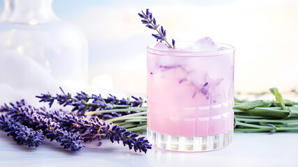 Lavender cocktail with lavender flowers on table. Generative ai design concept art.