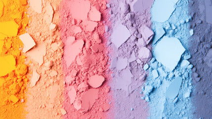 Colorful background with close up of a makeup swatch of crushed multicolored eyeshadow. Beauty and makeup concept. - obrazy, fototapety, plakaty